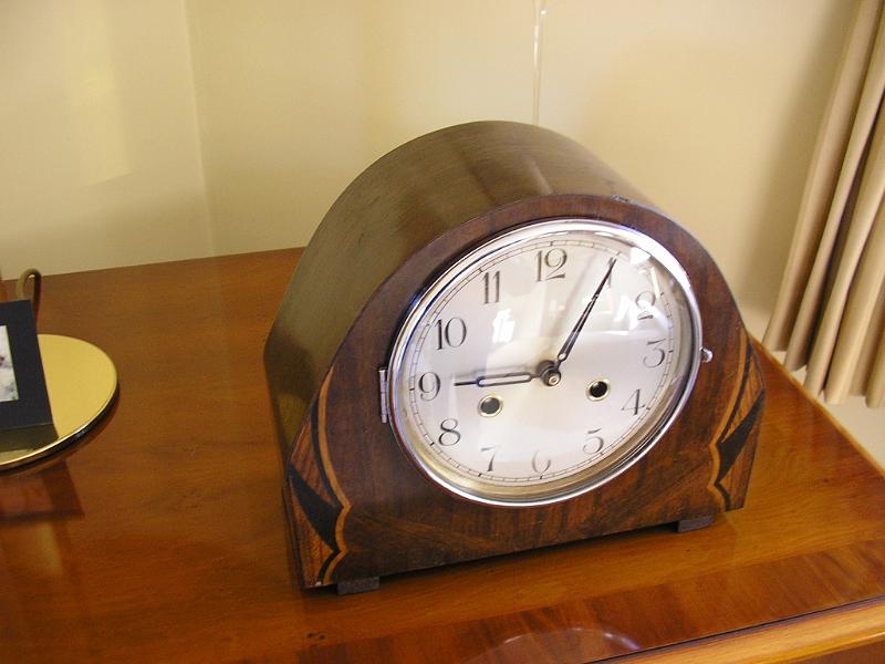 P1080001a.JPG - A nicely veneered Time & Strike. Cleaned & serviced.