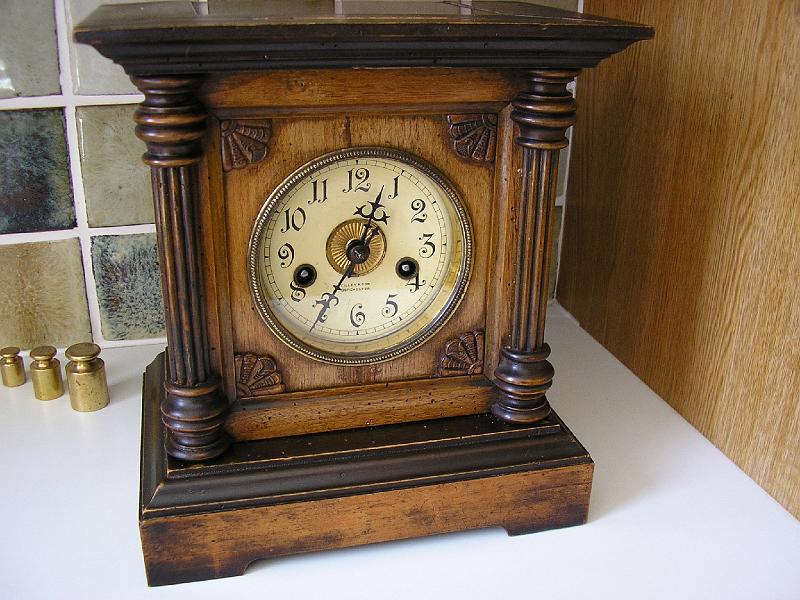 P4280001.JPG - Lots of Woodworm in a Clock Branded for the Retailer. A full clean & service of the German movement.