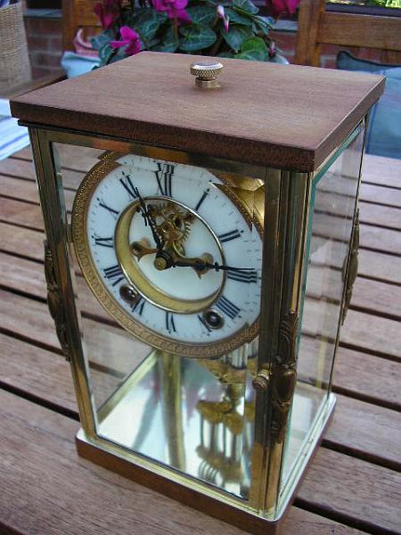 PB180009.JPG - A 'Crystal Regulator' from the Ansonia Clock Company of New York, circa 1910. Original ornate top & base long gone, replaced by wood plates. 'Wear & Tear' had stopped the strike action. A clean & adjustment brought it back to reliable operation.